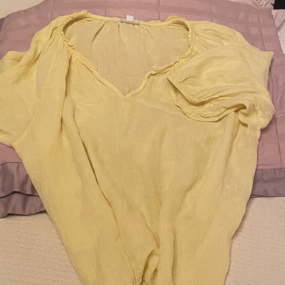 J. Jill Light Yellow Women's linen Blouse with puff sleeves